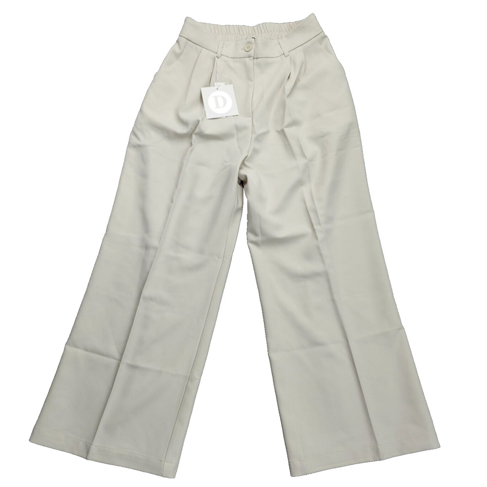 Decivi Women Loose Pleated Front Long Pants Wide Leg Trousers Solid Ivory Medium